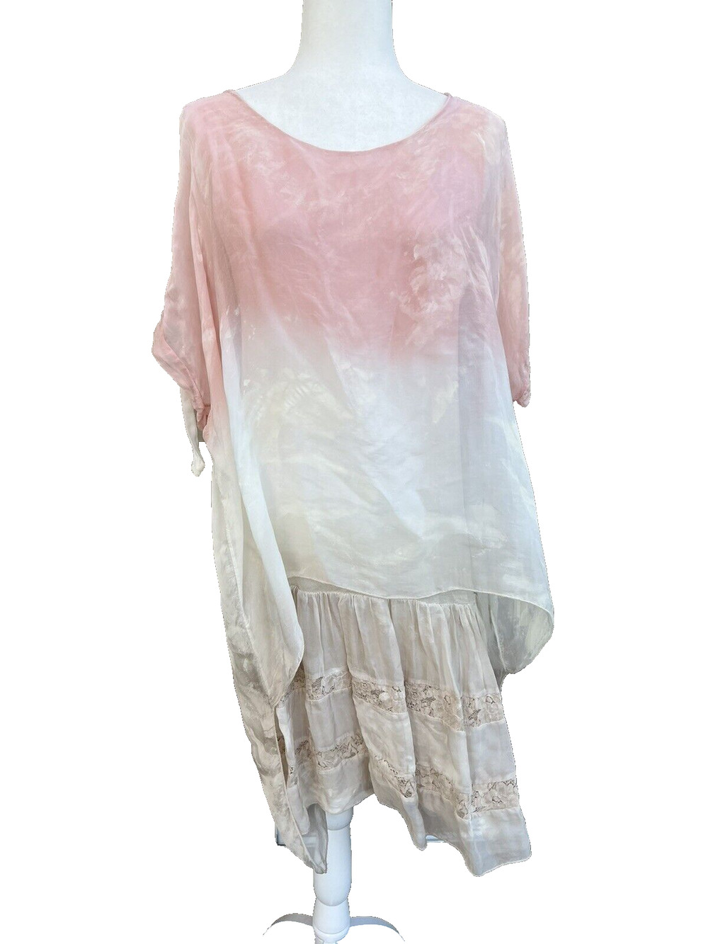 Lola Pink Lace Trim Ombra midi Cocktail Dress Silk Italy Size S/M A000260